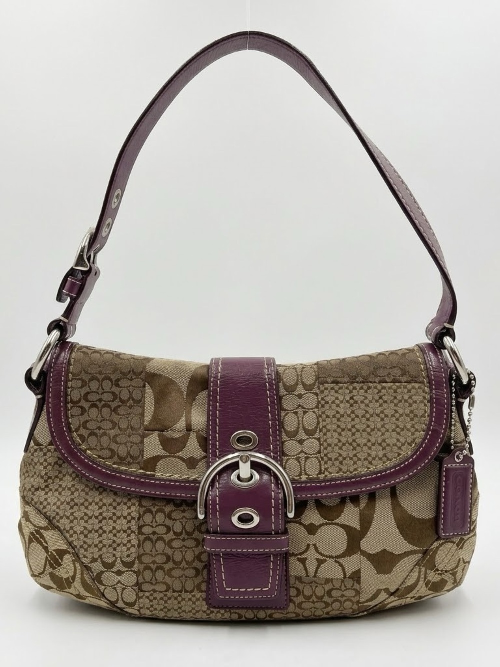 Coach Brown Signature Patchwork Shoulder Bag with Purple Trim